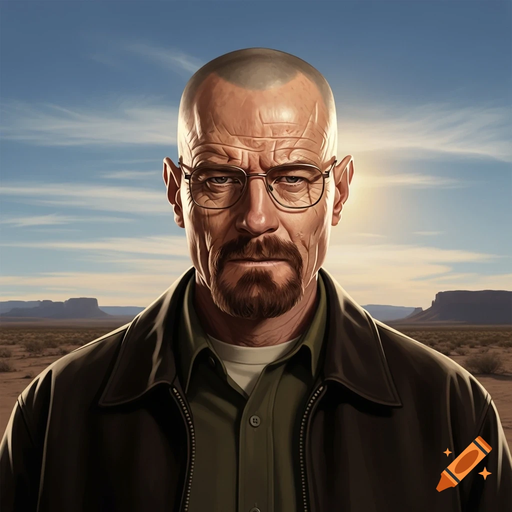 A stylized digital painting of a bald man with glasses and a goatee, resembling Walter White, standing in a desert landscape.