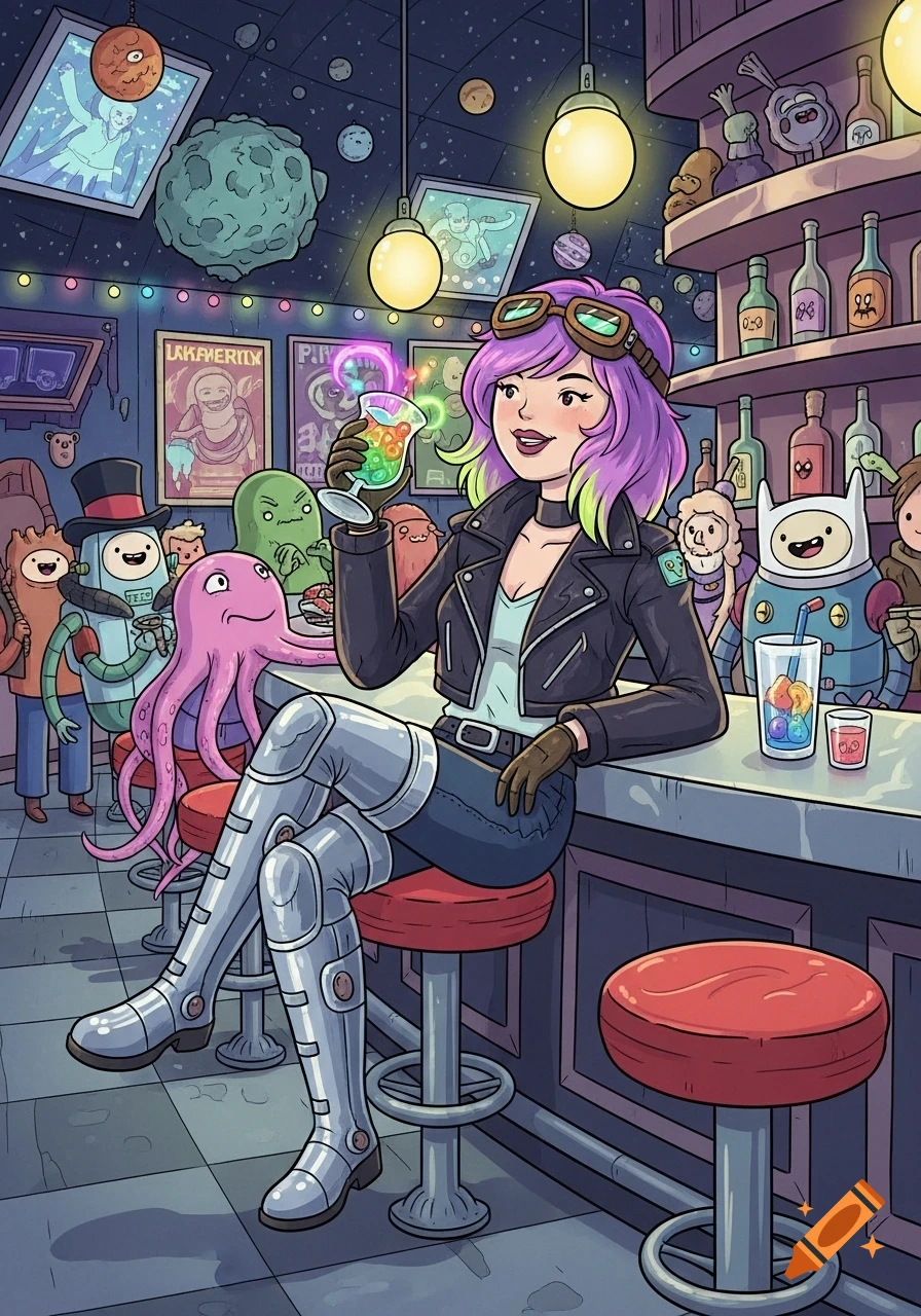 A female sci-fi rogue with purple and green hair sits at a space bar, drinking a colorful cocktail in an Adventure Time style.