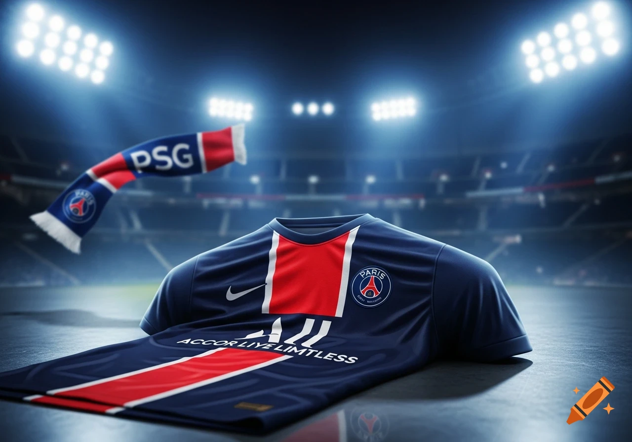 A photorealistic PSG football jersey and scarf laid out on a stadium floor, illuminated by bright stadium lights.