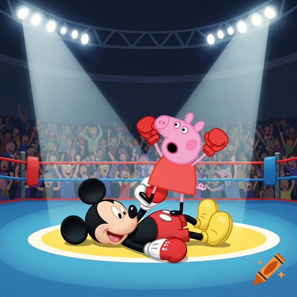 Peppa Pig stands victorious over a prone Mickey Mouse in a boxing ring, with a cheering crowd in the background. Cartoon style.