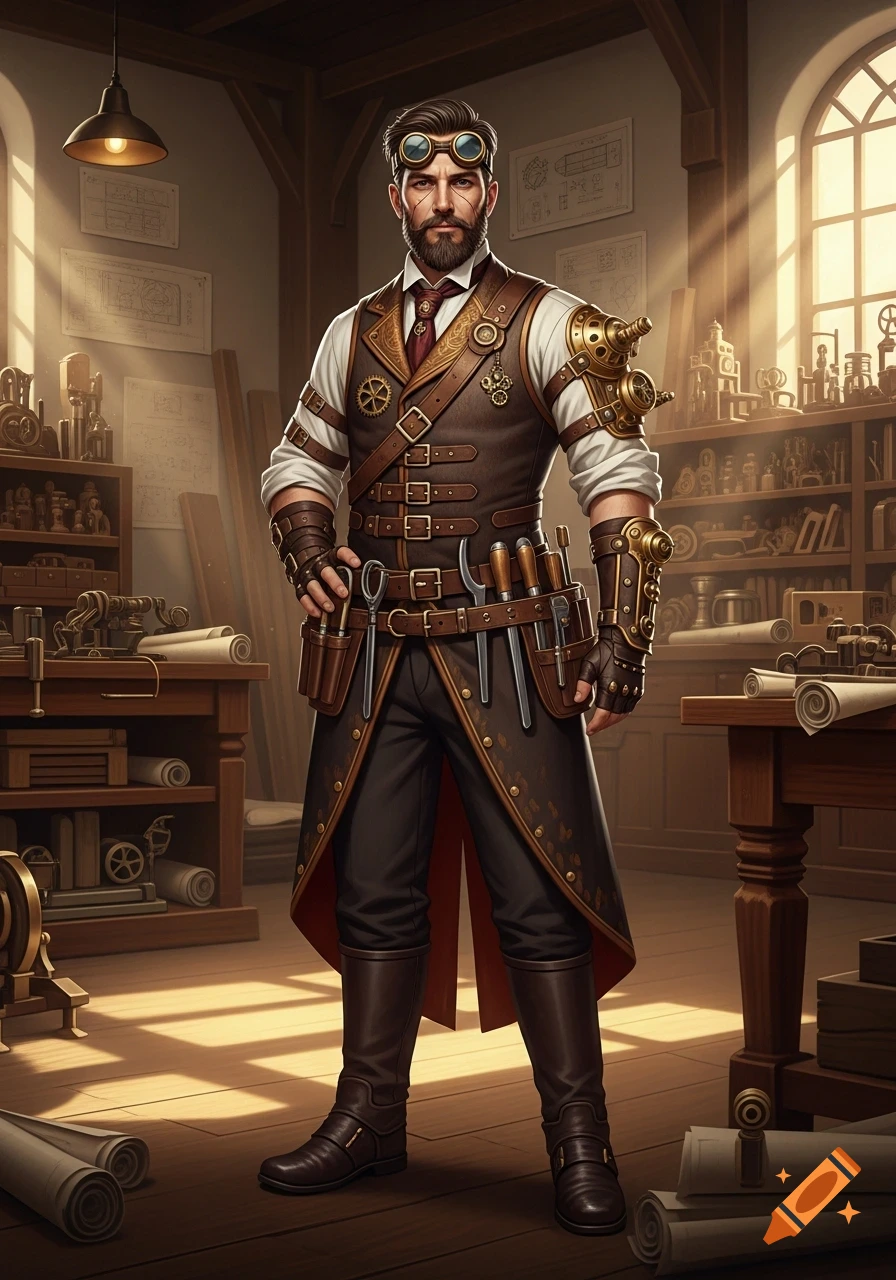 A bearded man in a detailed steampunk outfit with goggles and tools stands in a sunlit workshop.