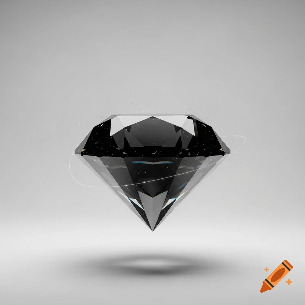 A dark, multifaceted diamond floats against a light gray background, casting a soft shadow with subtle light rings around it.