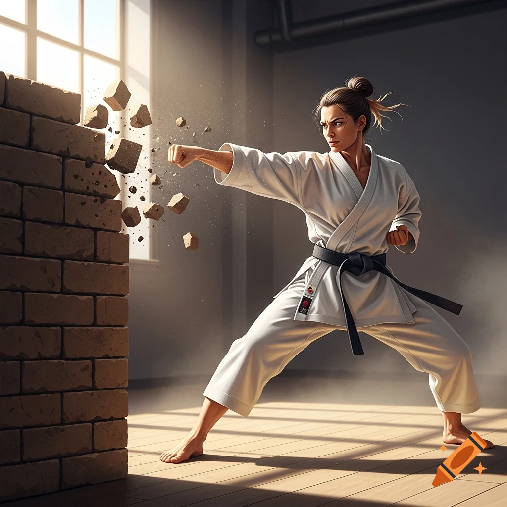 A strong woman in a white karate gi and black belt punches a brick wall, causing bricks to shatter and fly. Photorealistic.
