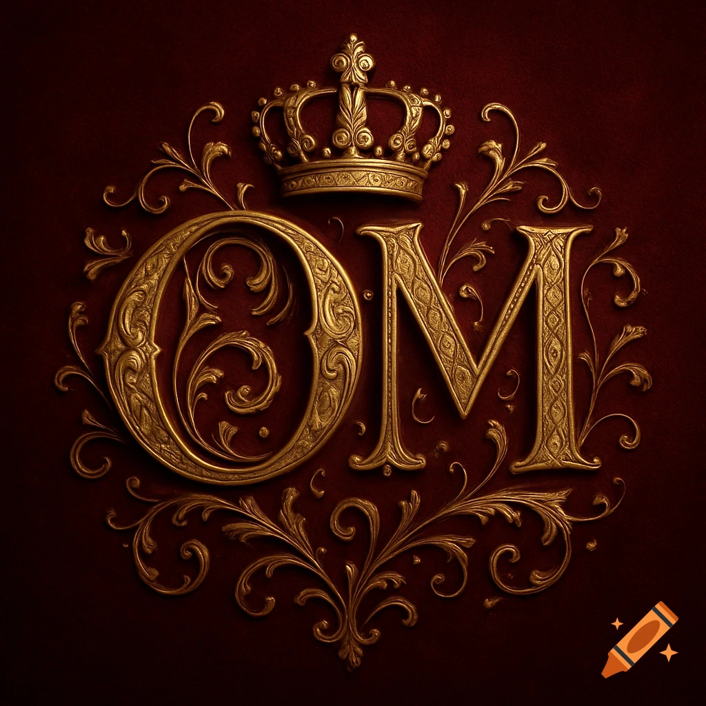 Ornate golden OM monogram with a crown and filigree, on a dark red textured background.