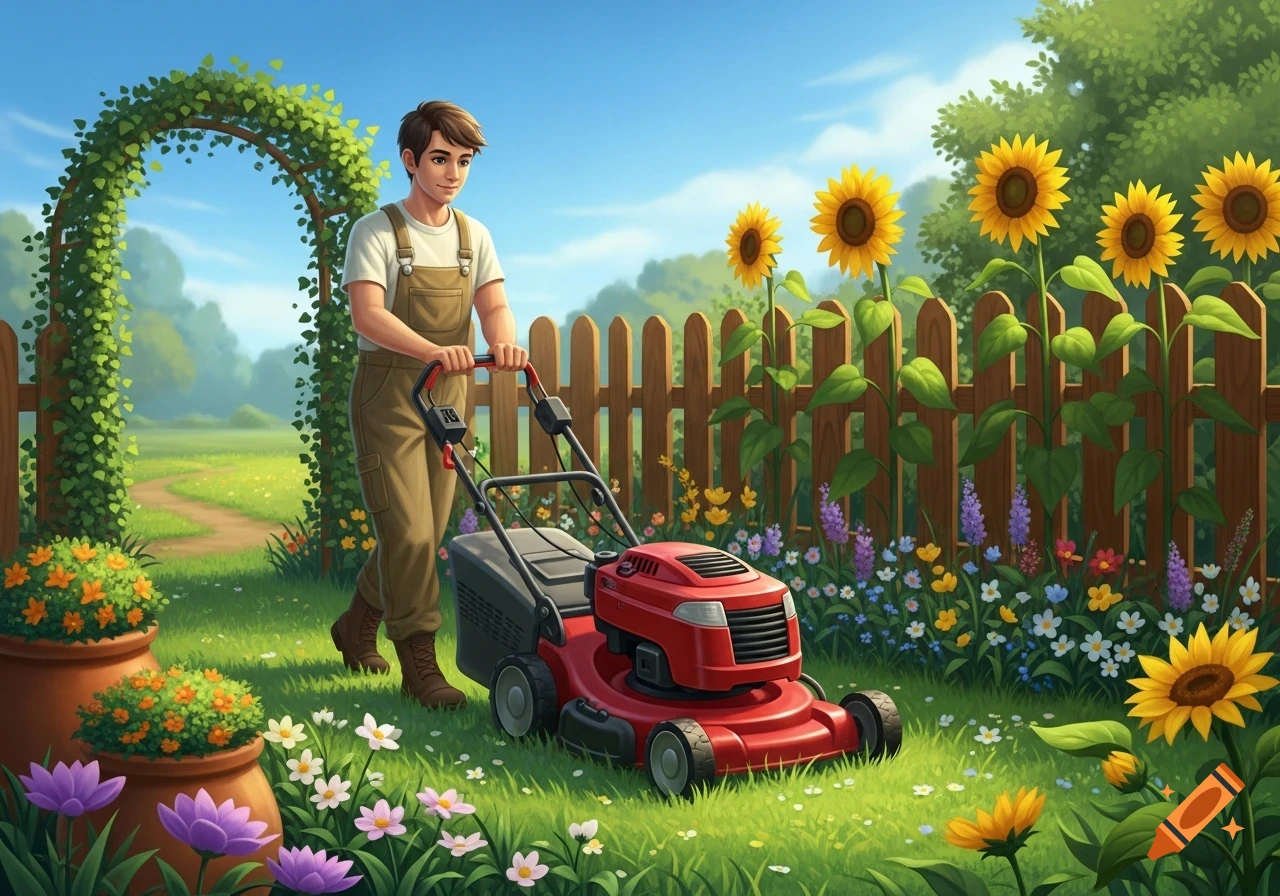 A digitally illustrated young man in overalls mows a sunny garden lawn with a red mower, surrounded by sunflowers and colorful flowers.