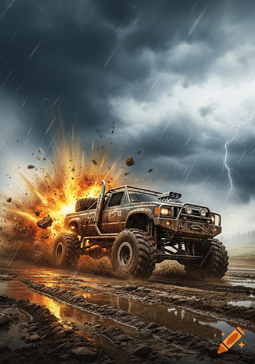 A weathered monster truck drives through muddy terrain under a stormy, rainy sky with lightning and an explosion of dirt and fire behind it.