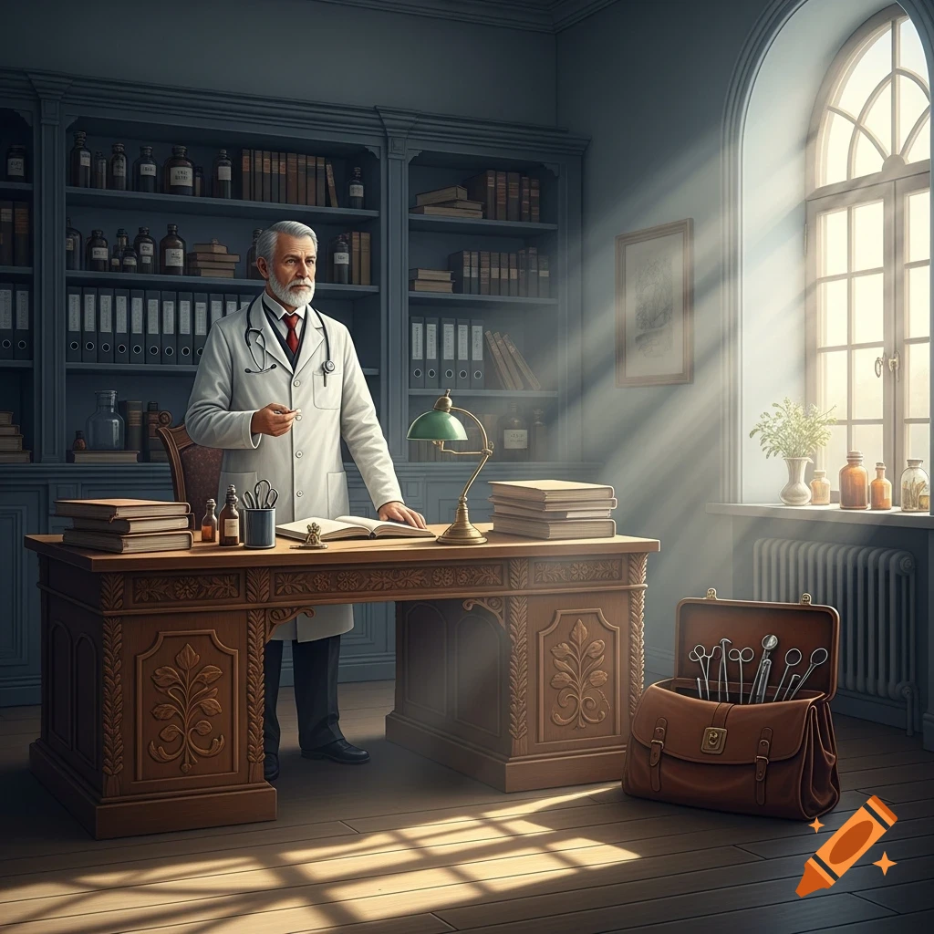 A gray-haired doctor in a white coat stands in a vintage office with bookshelves and a sunny window, next to a desk with books and a doctor's bag.