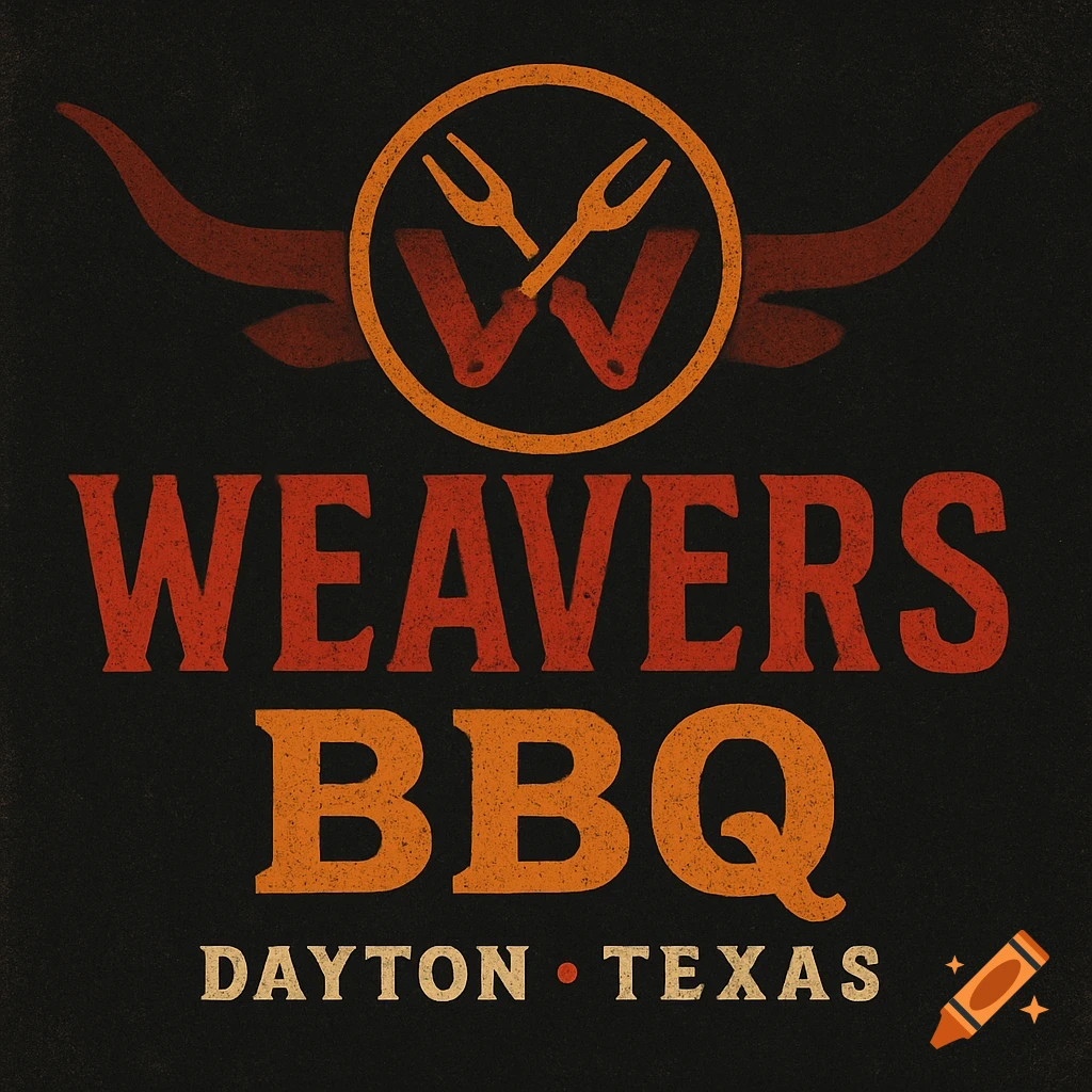 Vintage-style logo for Weavers BBQ in Dayton, Texas, with a 'W' and crossed forks in a circle, flanked by longhorn horns, on a dark background.