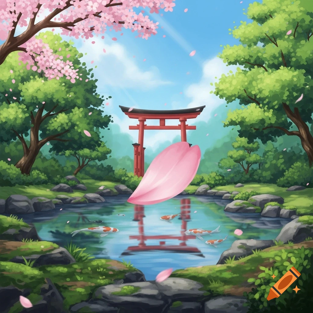 A vibrant illustration of a Japanese garden with a red torii gate, a pond with koi fish, cherry blossom trees, and a large pink petal floating above the water.