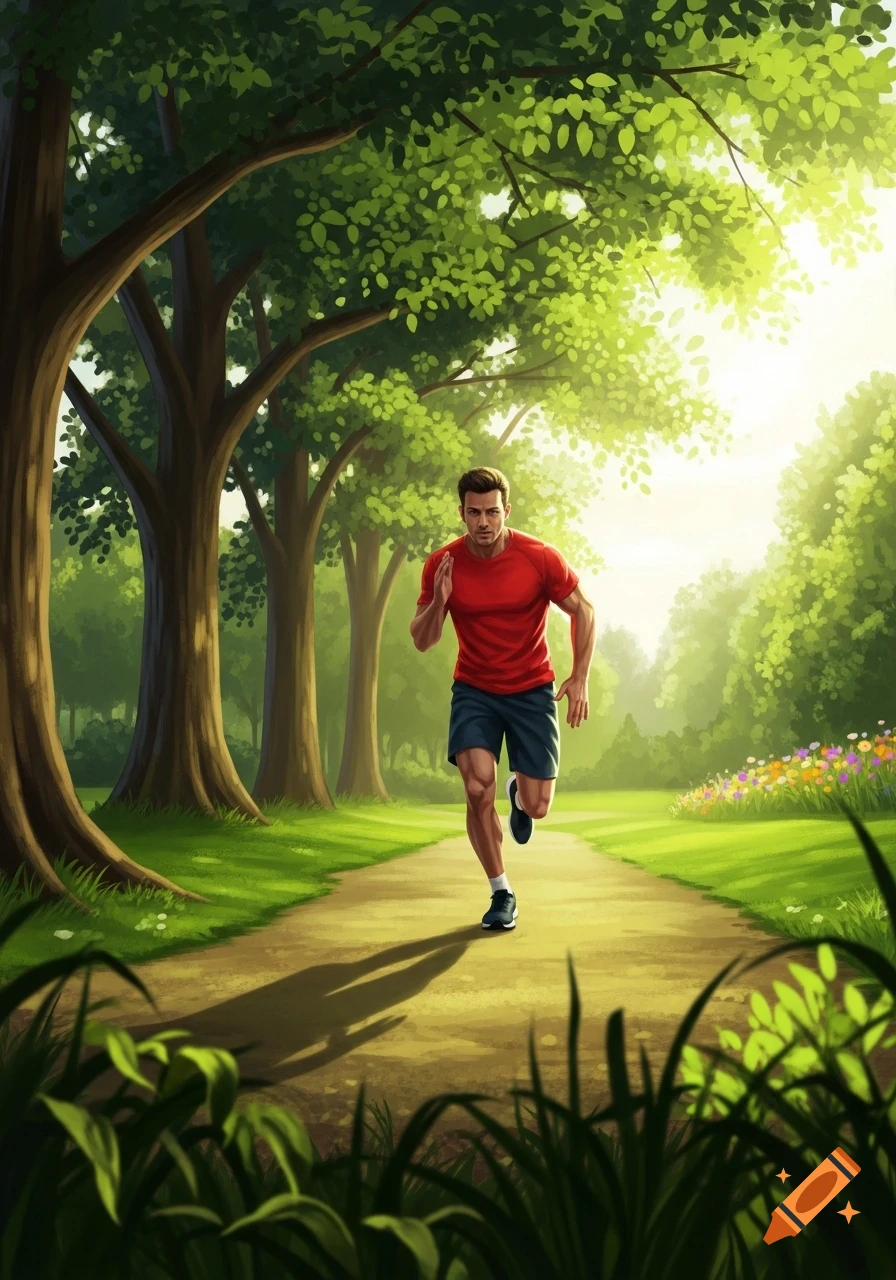 An illustration of a man in a red shirt and blue shorts running on a sunlit dirt path through a vibrant green park with tall trees.