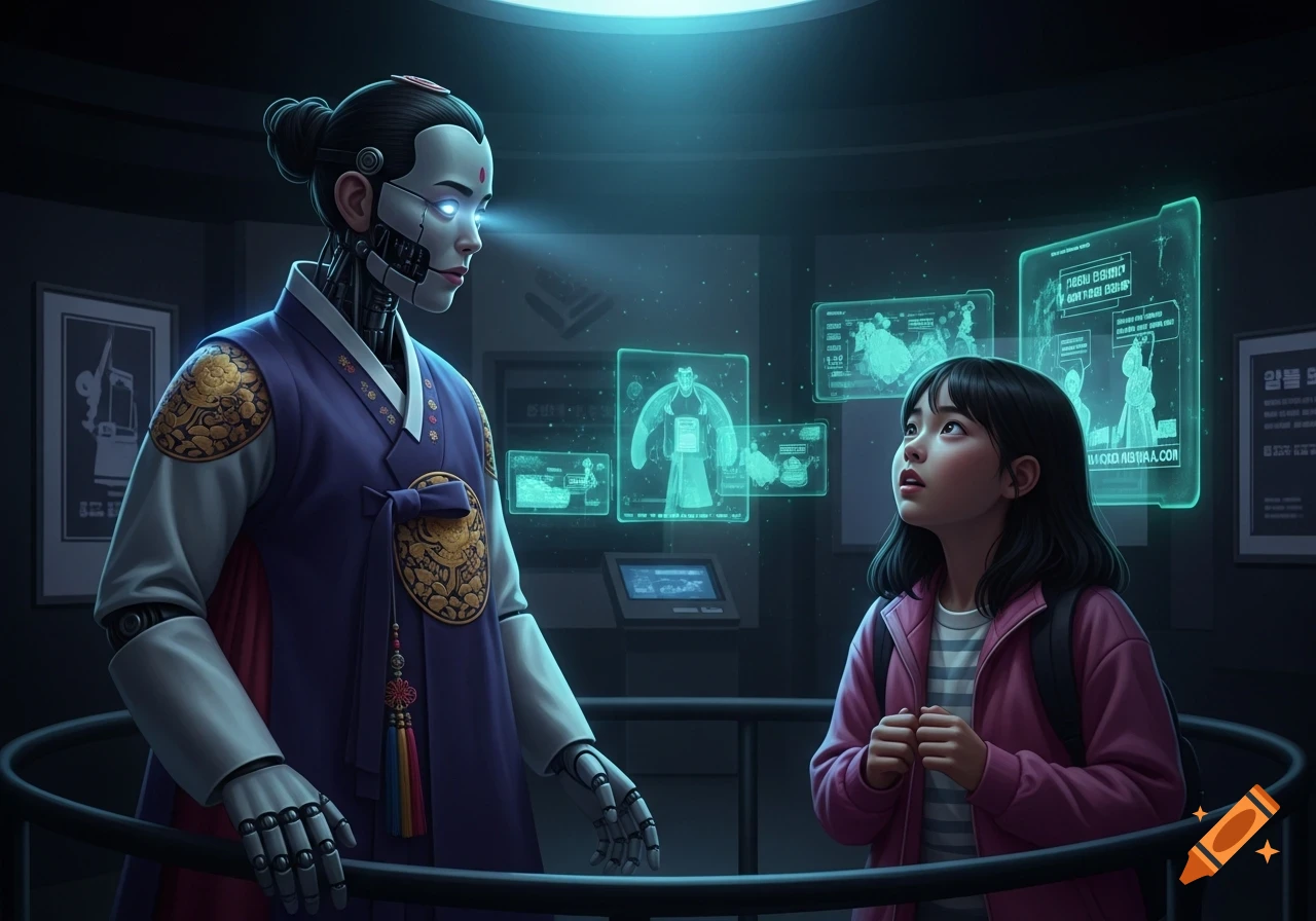 An animatronic figure in traditional Korean hanbok, with glowing blue eyes, faces a young girl in a futuristic museum with holographic screens.