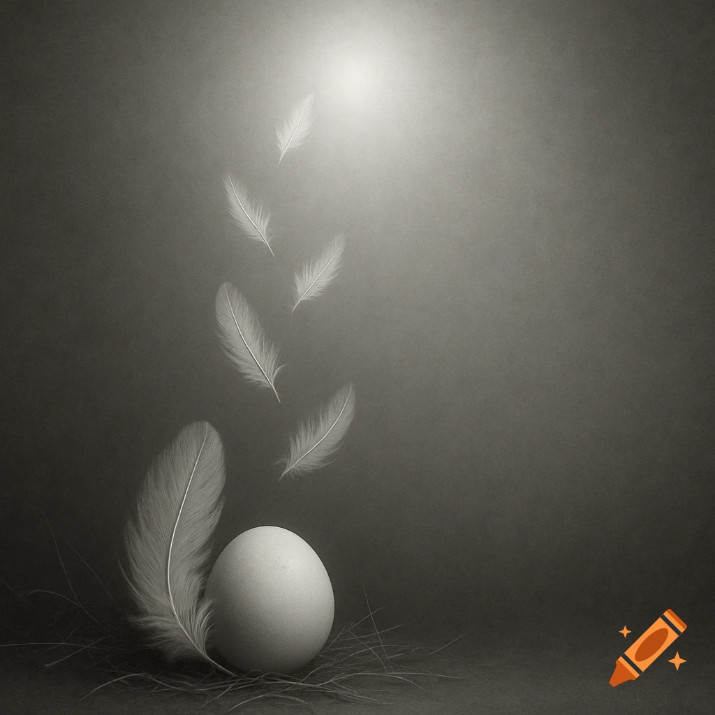 Monochrome still life of an egg and a large feather in straw, with smaller feathers floating towards a bright light.