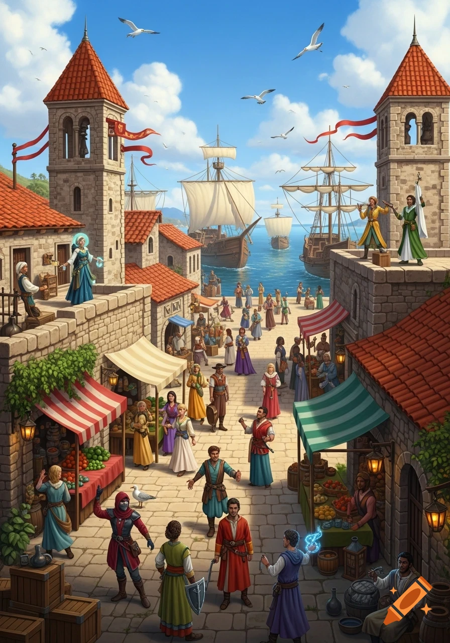 A vibrant fantasy artwork of a bustling medieval port city with markets, people, ships, and stone towers under a blue sky.