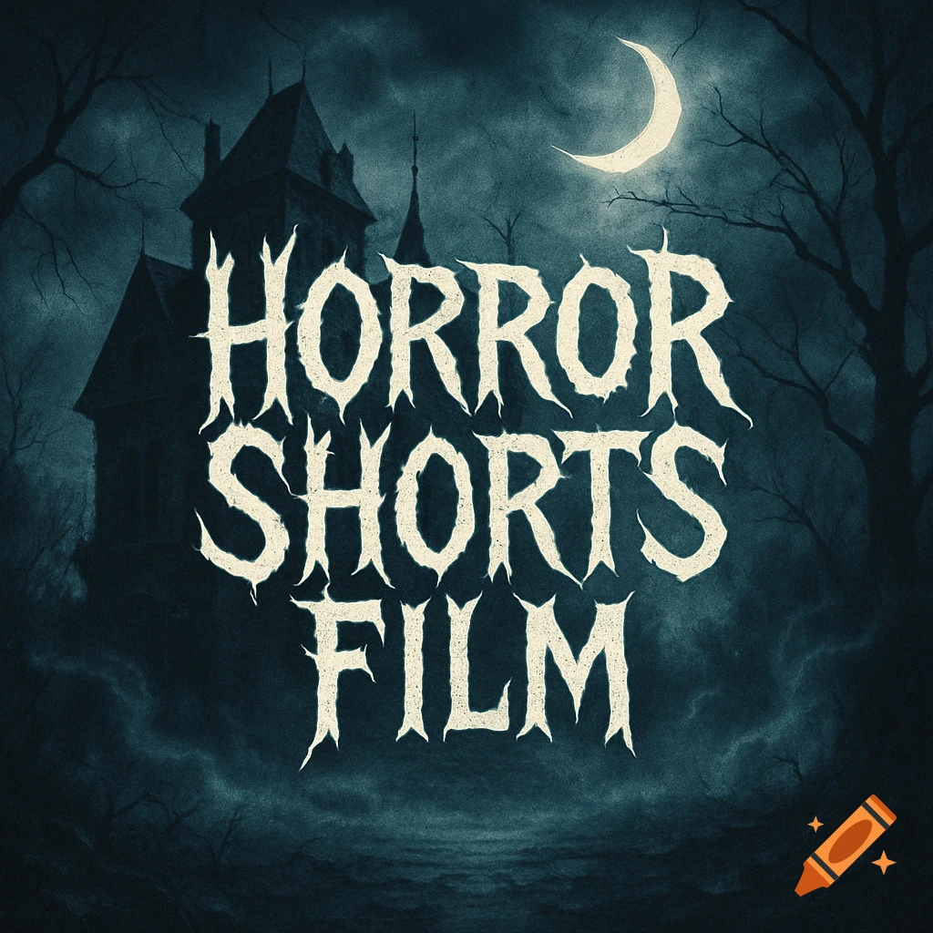 The text HORROR SHORTS FILM in a jagged, spooky font over a dark, gloomy haunted house at night with a crescent moon.