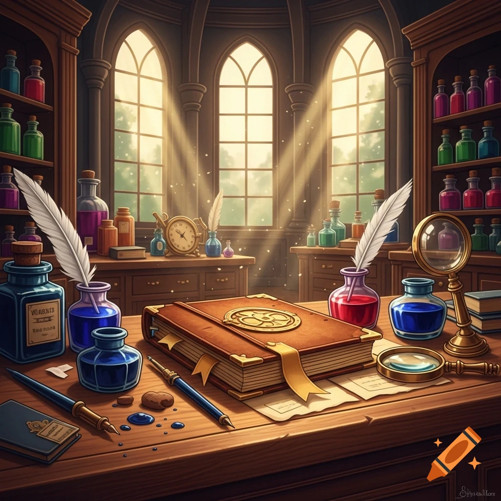 A detailed illustration of a magical apothecary's study with potions, quills, books, and magnifying glass on a wooden desk, bathed in sunlight.