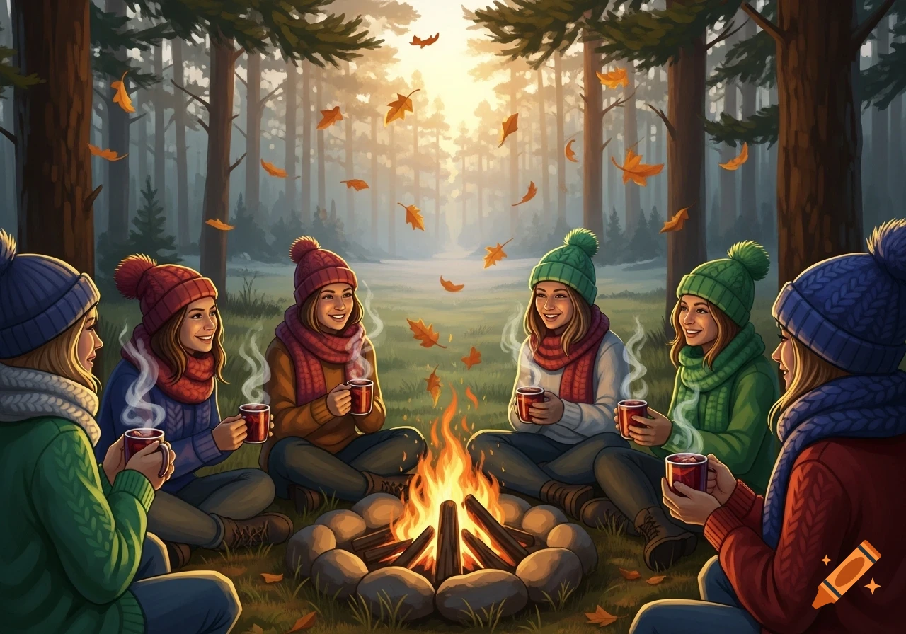 Six women in winter hats and scarves sit around a campfire in an autumn forest, drinking from mugs as leaves fall.