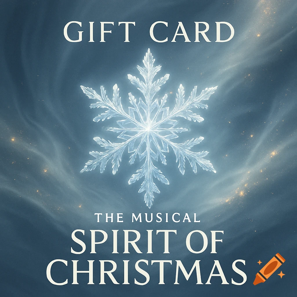 A modern gift card design for "The Musical Spirit of Christmas" featuring a glowing snowflake on a blue, cloudy background with golden sparkles.