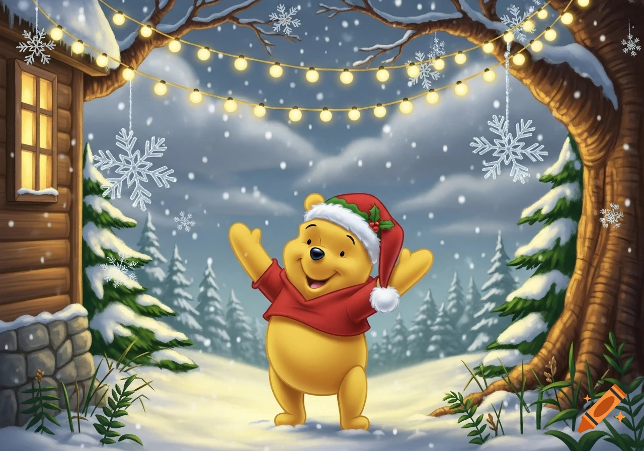 Winnie the Pooh wears a Santa hat, standing in a snowy forest with Christmas lights strung overhead and a cozy cabin.