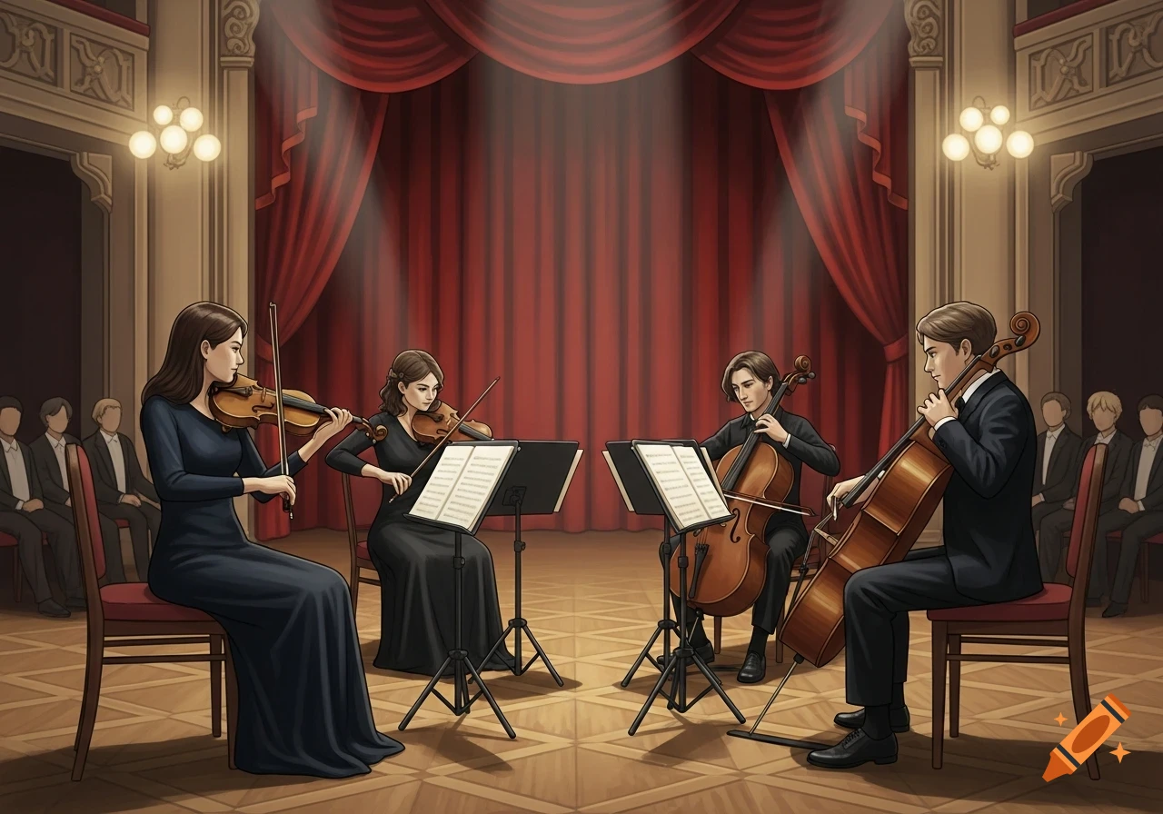 An illustrative string quartet performs on a stage with red curtains, playing violins and cellos.