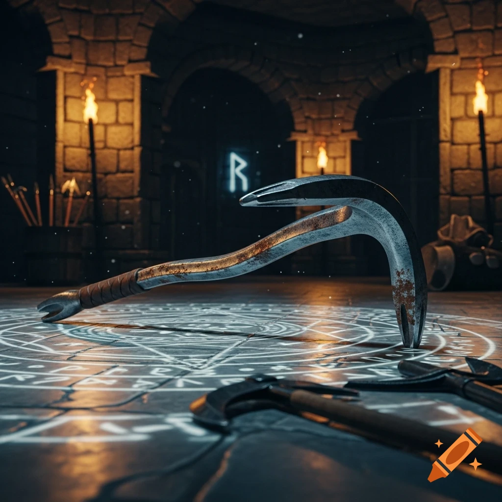 A rusty crowbar lies on a rune-marked stone floor in a dark dungeon, with torches and a glowing 'R' rune in the background.