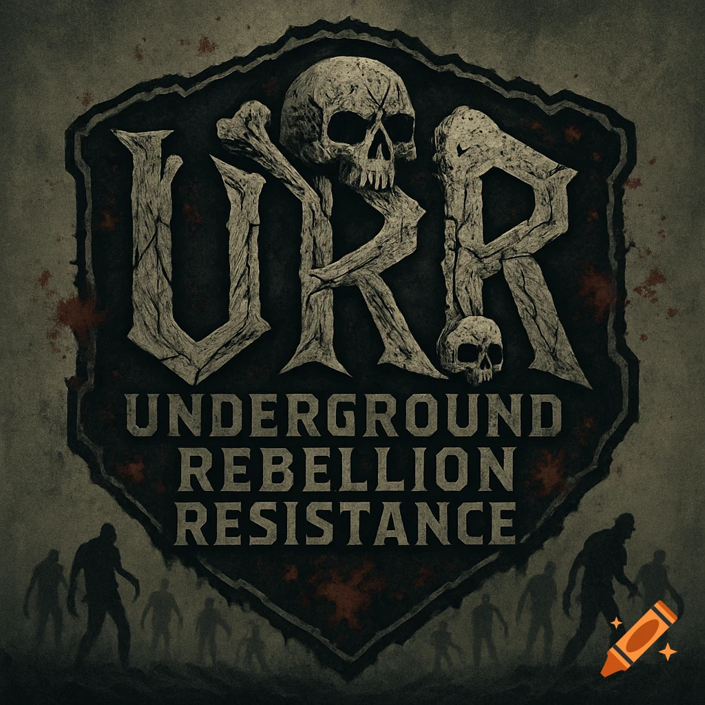 A grunge-style logo featuring large URR letters made of bones with a skull, above 'UNDERGROUND REBELLION RESISTANCE', with zombie silhouettes.