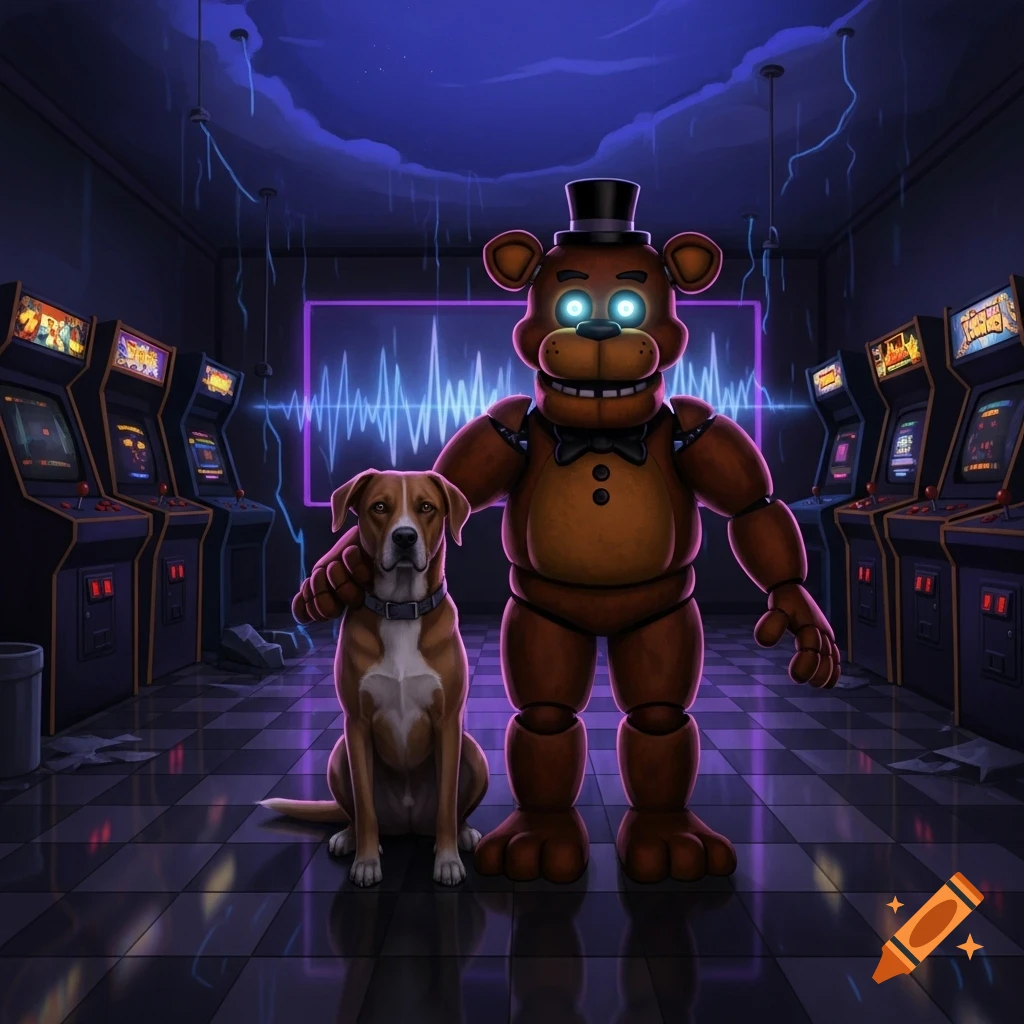 Digital art of Freddy Fazbear with his arm around a dog in a dark, neon-lit arcade.