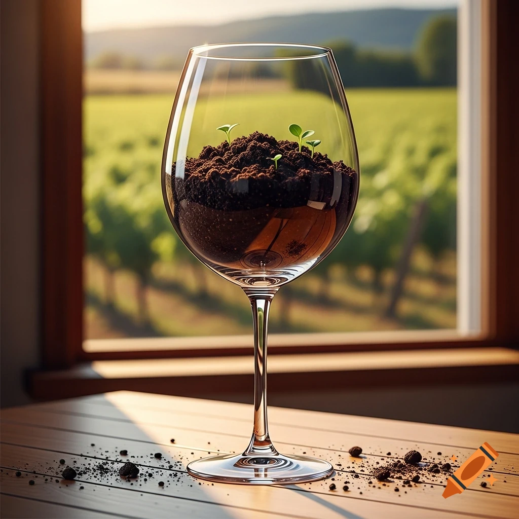 A photorealistic image of a wine glass filled with soil and small green sprouts, sitting on a wooden table. A vineyard is visible through the window in the background.