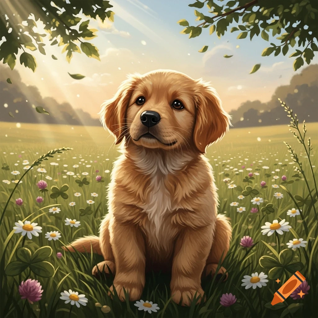 A golden retriever puppy sits in a sunny field of white daisies and ...