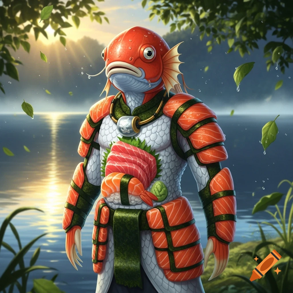 A fish-headed humanoid in sushi armor stands by a reflective lake with a glowing sunset and green foliage.