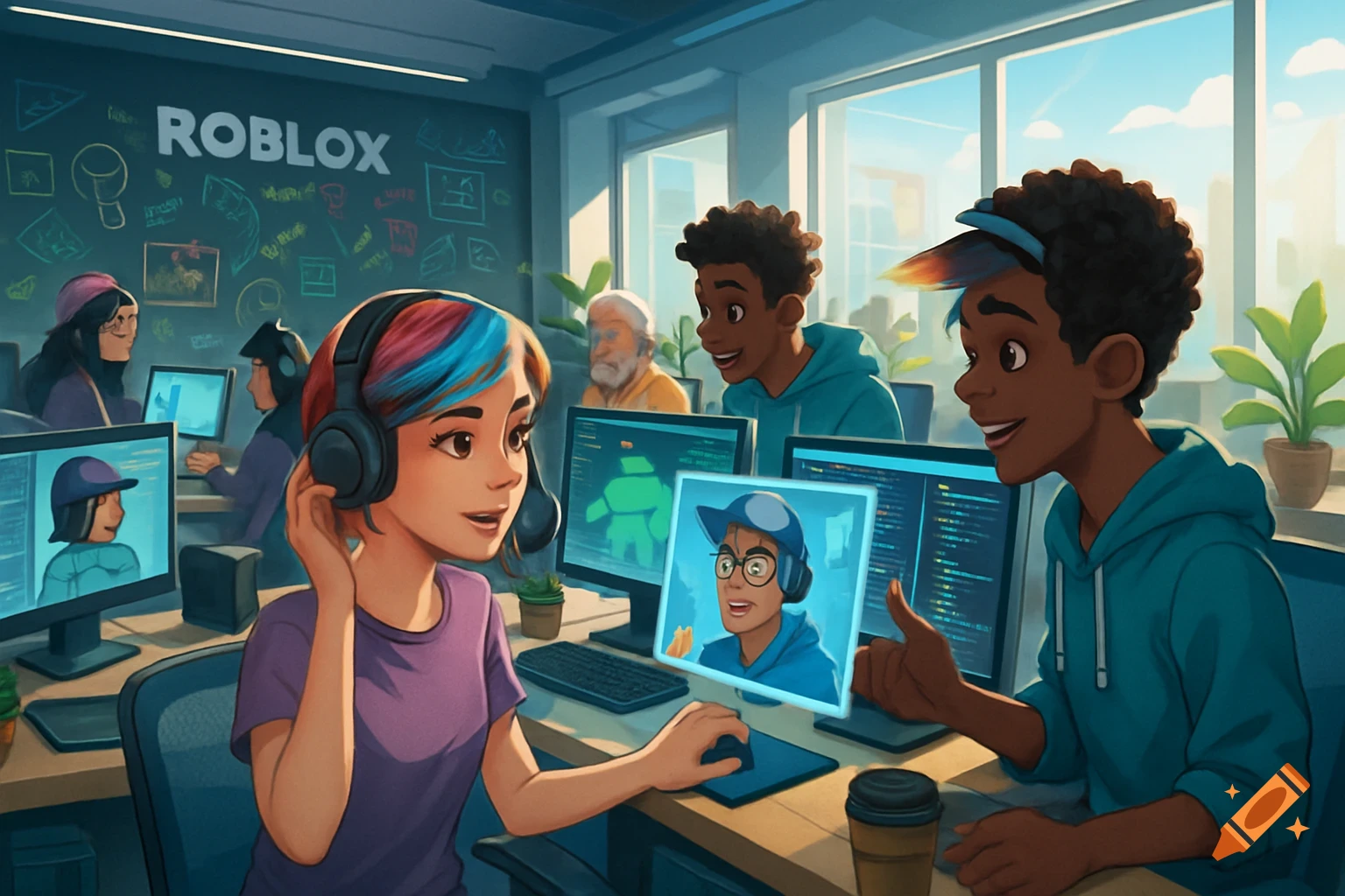 Cartoon image of young people in an office with computers, coding, and 'ROBLOX' on the wall. A girl with colorful hair wears headphones.