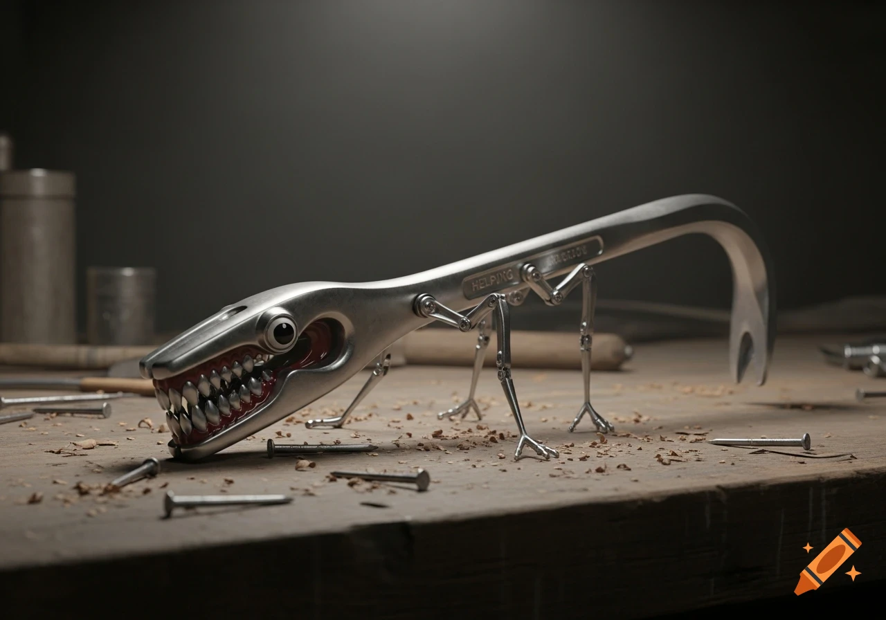 A shiny silver crowbar modified into a mechanical creature with multiple legs, shark-like teeth, and large eyes, resting on a wooden workbench scattered with nails and sawdust.