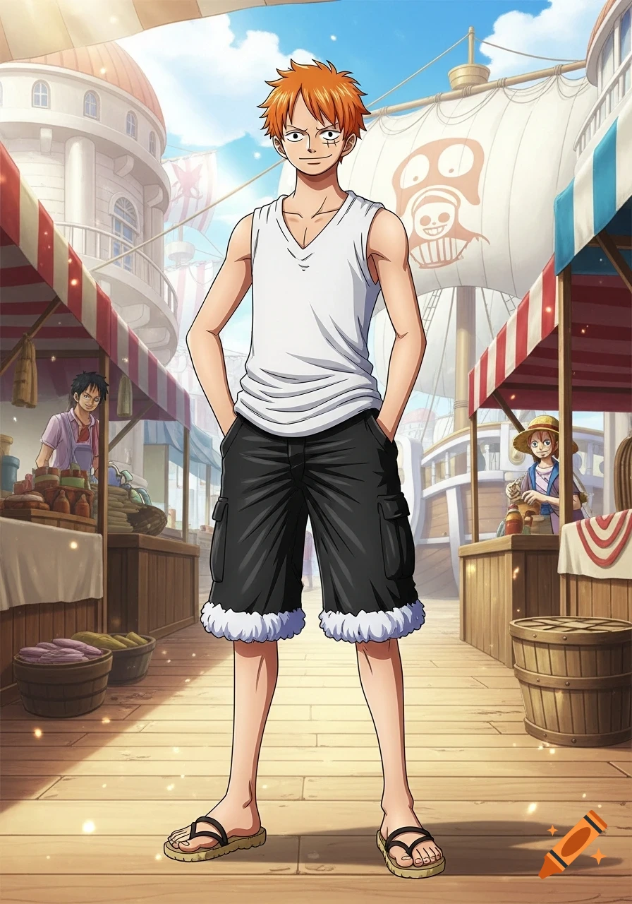 Anime-style young man with orange spiky hair, a white tank top, black shorts, and sandals stands in a bustling market with a ship behind him.