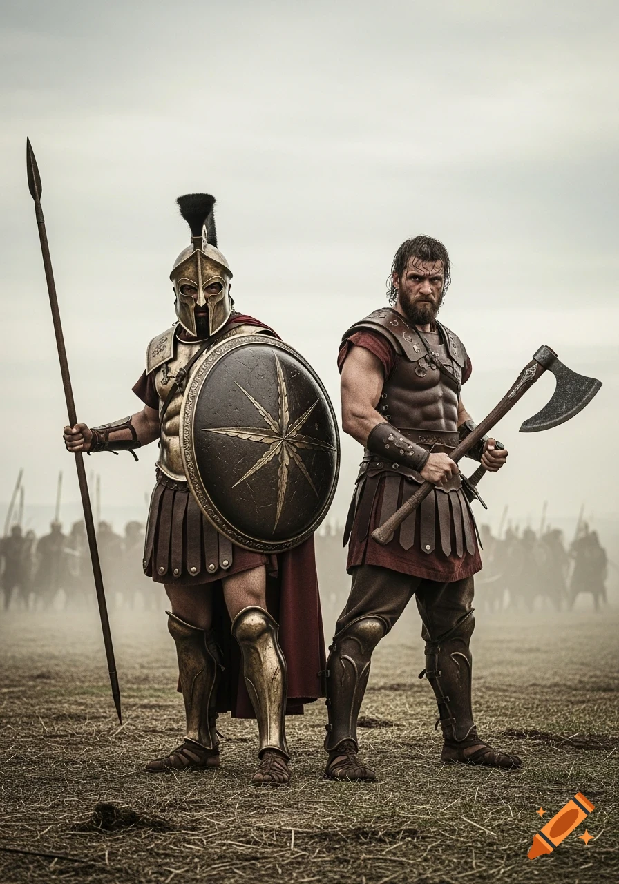 Two photorealistic ancient warriors, a Spartan with a spear and shield and a Molosser with an axe, stand on a battlefield.