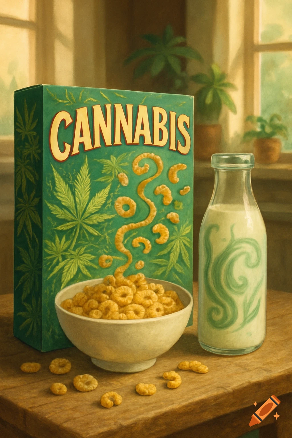 A 'CANNABIS' cereal box, a bowl of cereal, and a milk bottle with a cannabis leaf design on a wooden table.