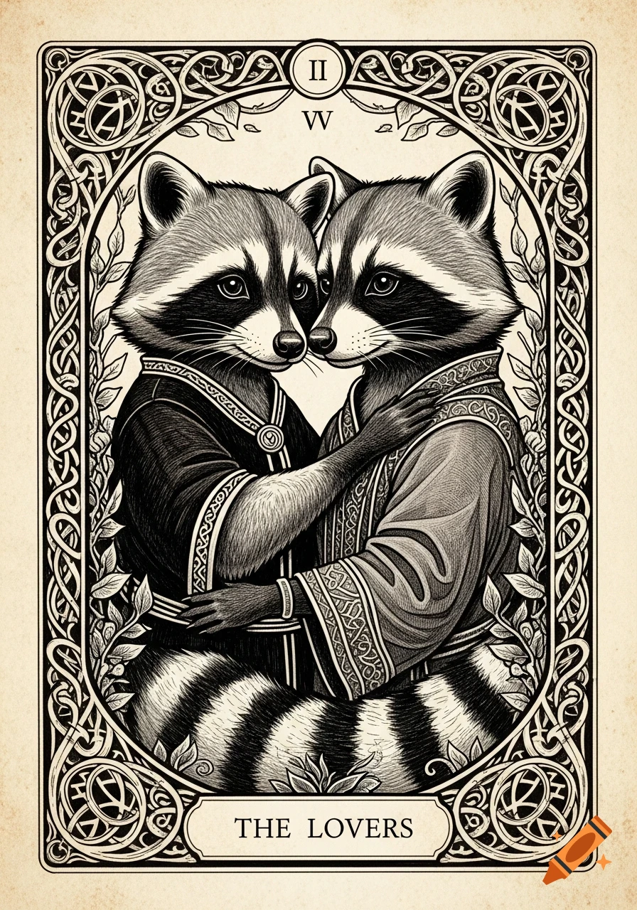 Dark gothic ink sketch of a tarot card depicting two anthropomorphic raccoons embracing, framed by an ornate Celtic knot border, with "THE LOVERS" text below.