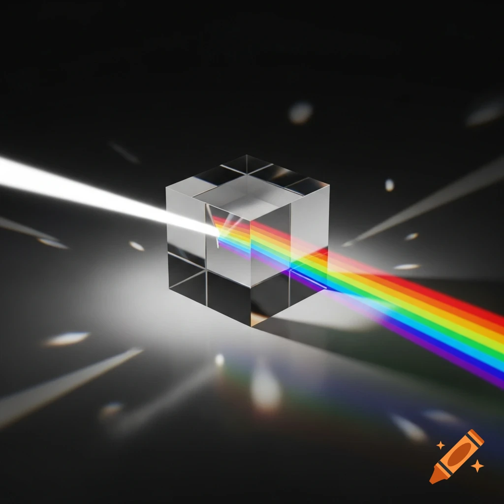 Photorealistic image of a clear glass cube prism dispersing a beam of white light into a vibrant rainbow spectrum on a dark background.
