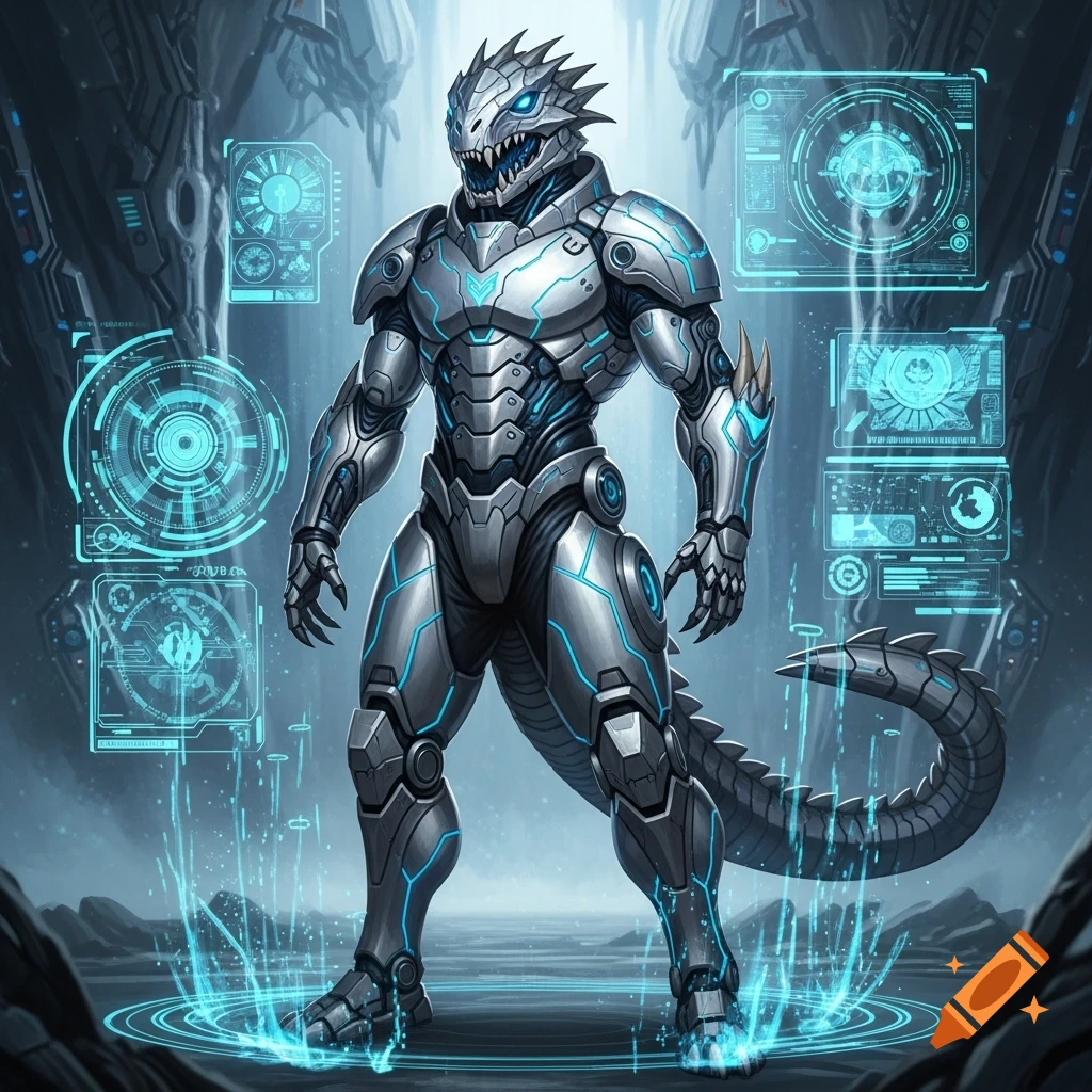 A reptilian-humanoid robot with silver and bright blue glowing armor stands in a futuristic setting with holographic displays.