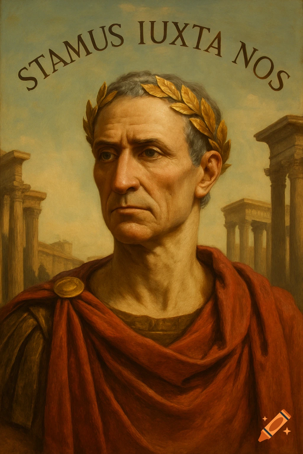 Classical portrait painting of Julius Caesar wearing a laurel wreath and red toga, with Roman ruins and 'STAMUS IUXTA NOS' text.