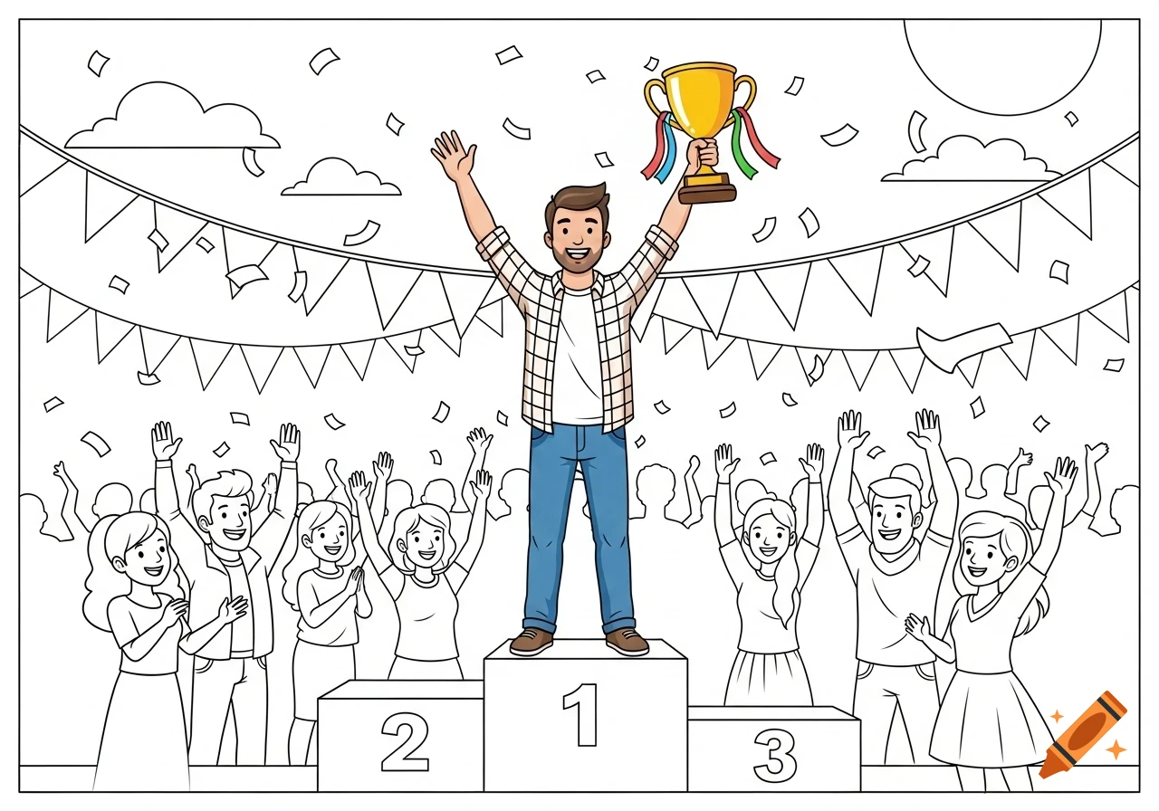 A man on a podium holding a trophy, celebrating a win, surrounded by a cheering crowd, in coloring book style.