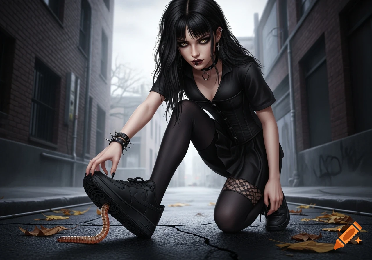 A goth girl in an alley crouches, stepping on a worm with her black Air Force shoe in a realistic art style.