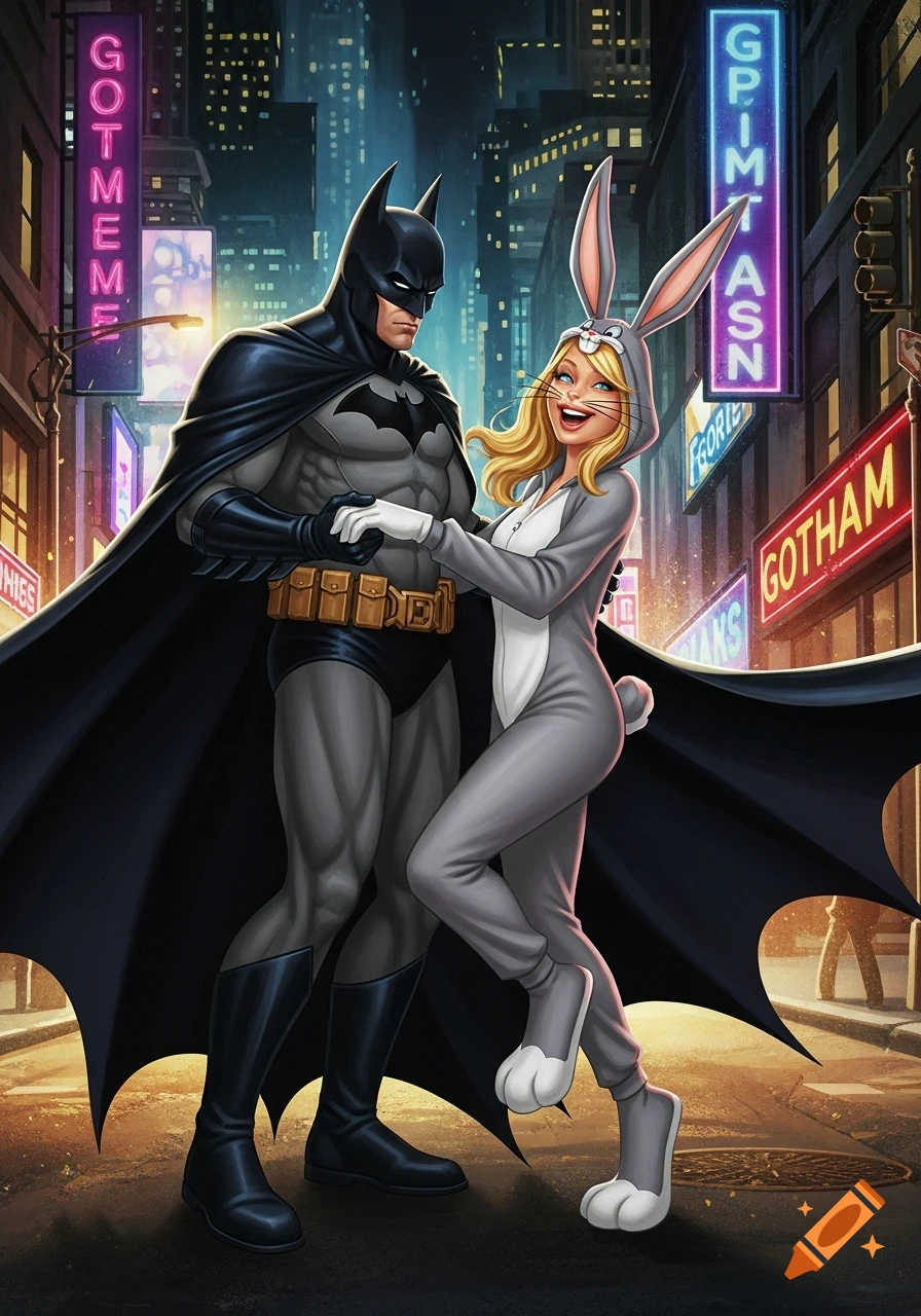 Batman and a woman in a Bugs Bunny costume holding hands on a city street at night with neon signs, in a comic book style.