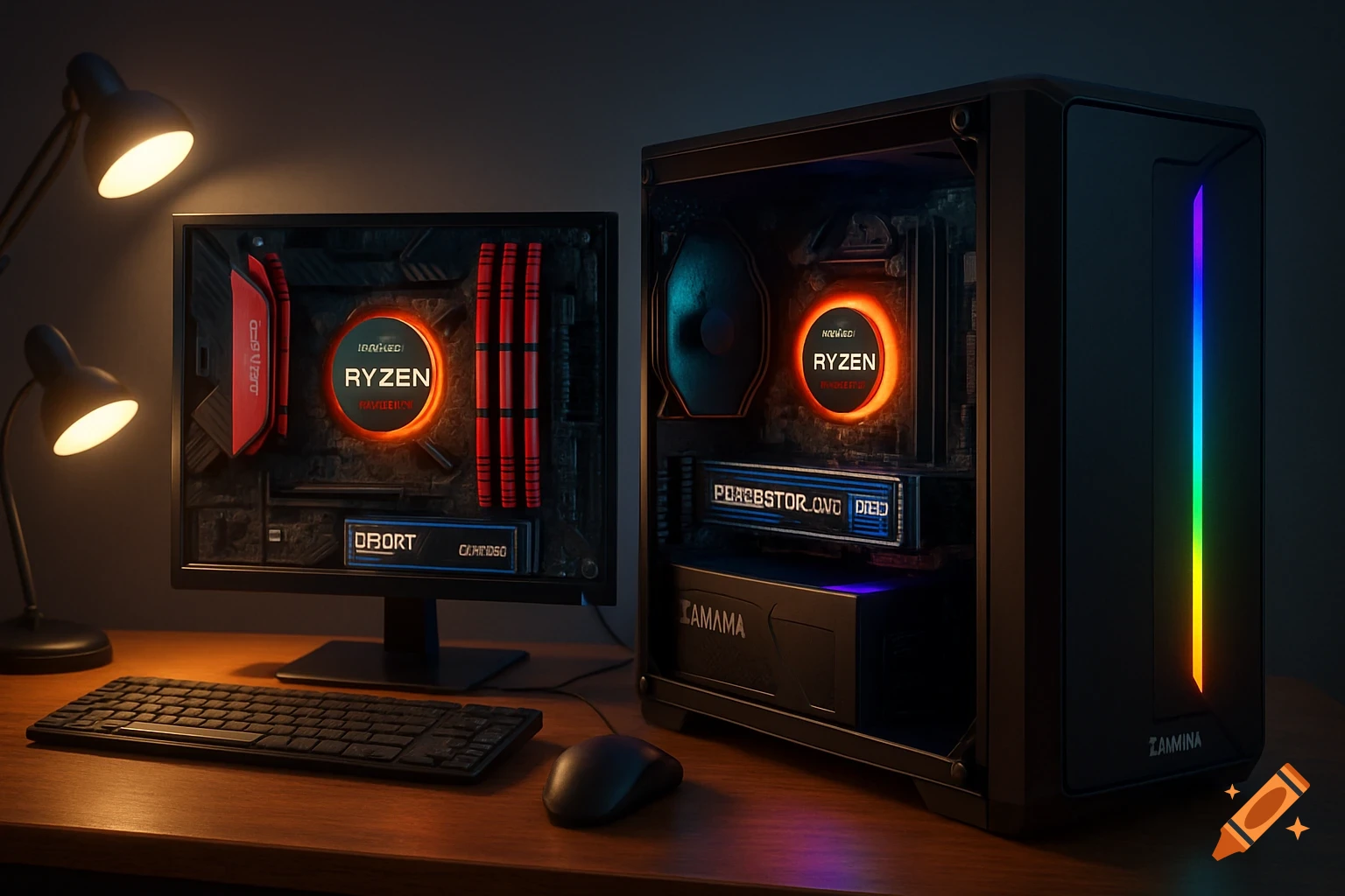 A close-up shot of a desktop computer setup with a black PC tower, monitor displaying internal components, keyboard, mouse, and two desk lamps on a wooden desk.