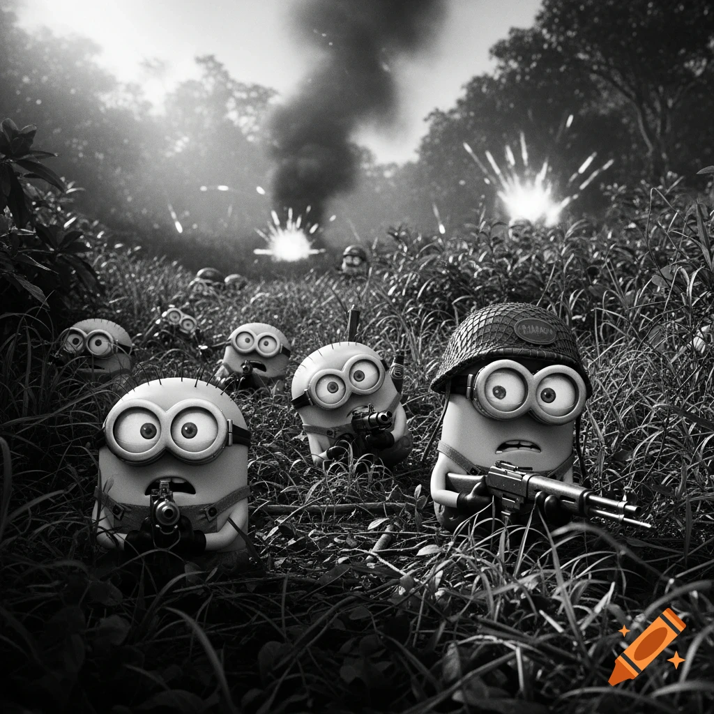 Black and white image of Minions in military gear fighting in a jungle, with explosions and smoke in the background.