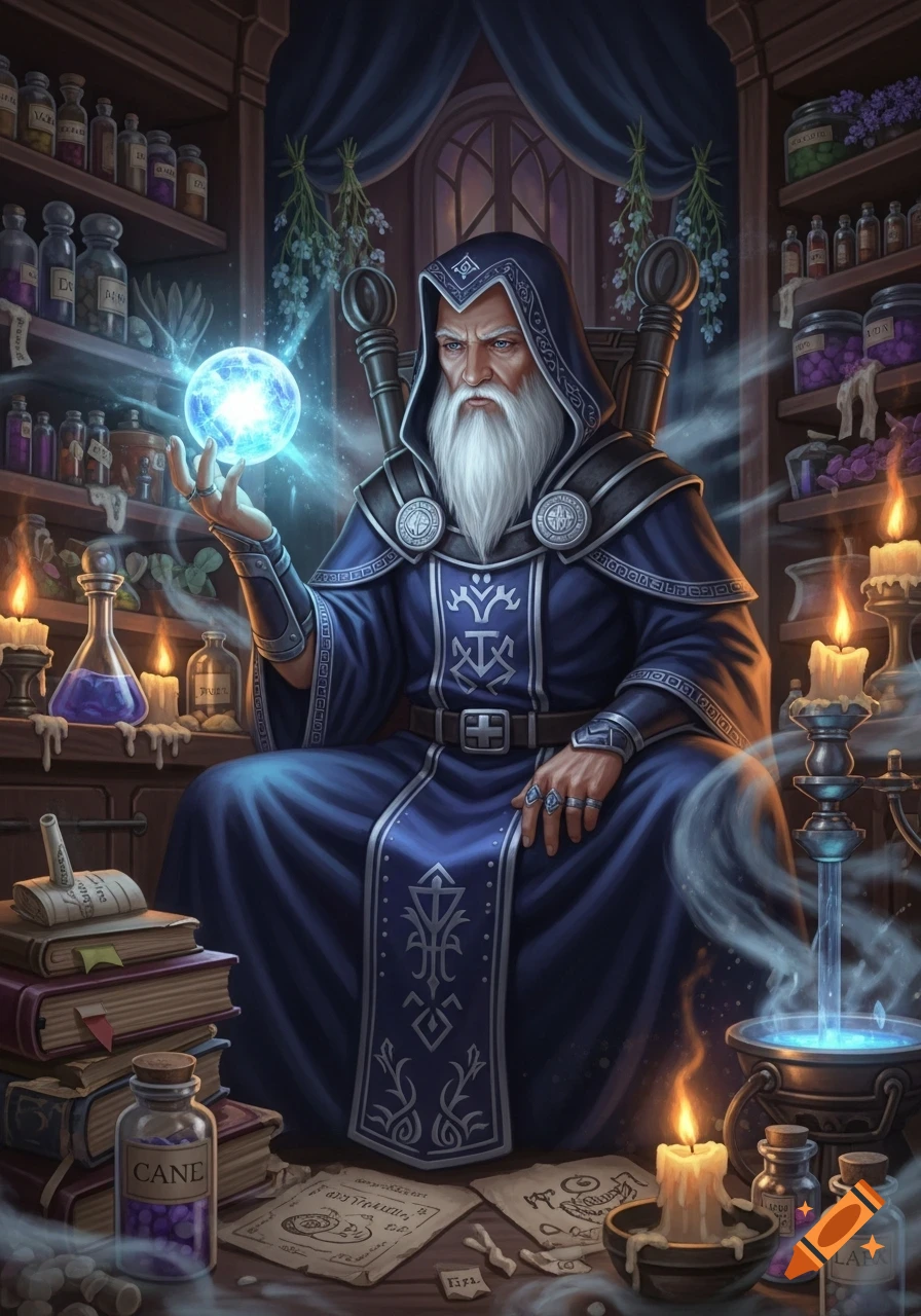 A white-bearded wizard in a blue robe holds a glowing orb in a dimly lit alchemy lab with potions, scrolls, and candles.