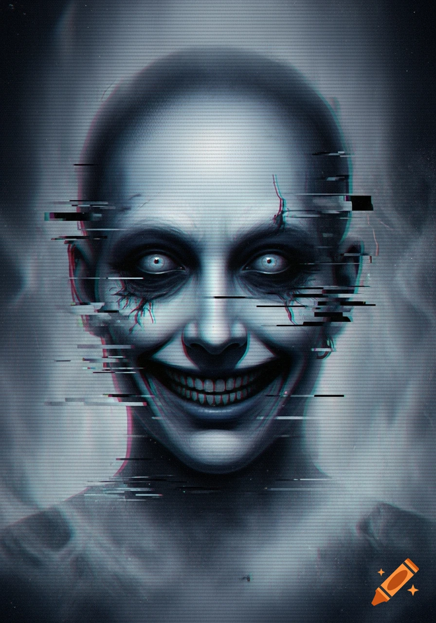 A creepy, distorted face with wide white eyes and a wide grin, covered in red and blue glitch effects and horizontal scanlines, on a dark background.