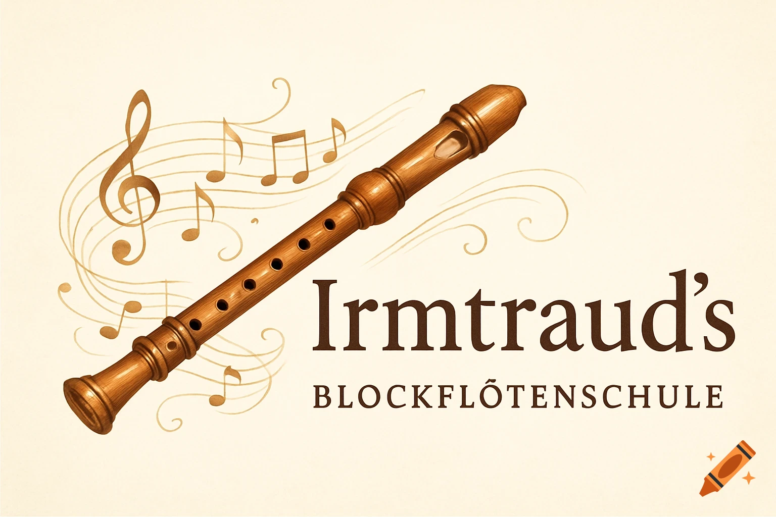 An elegant logo featuring a brown wooden recorder, musical notes, and the text "Irmtraud's BLOCKFLÖTENSCHULE" on a light background.