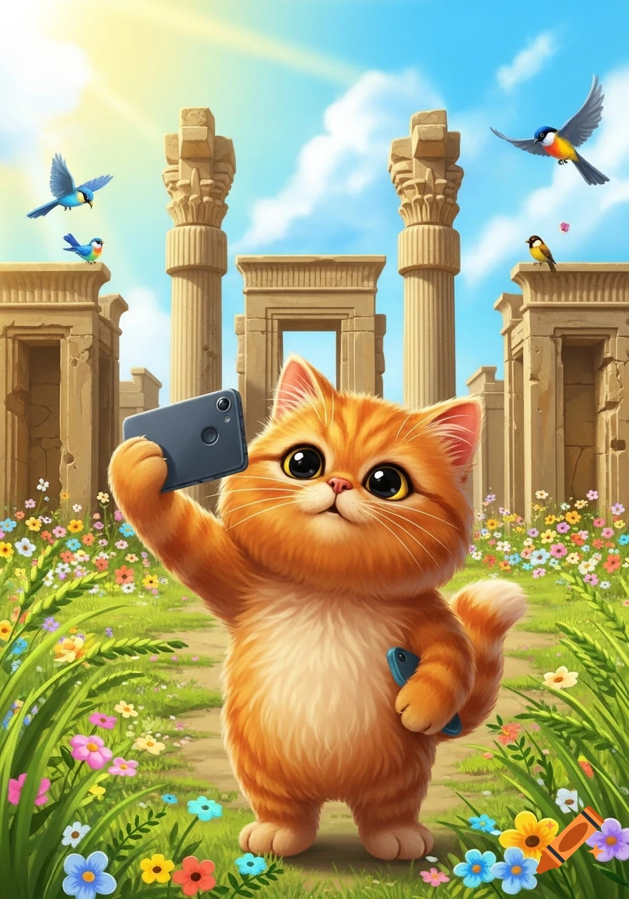 Vibrant illustration of an orange Persian cat taking a selfie with a smartphone, amidst flowers and birds at ancient Persepolis ruins.