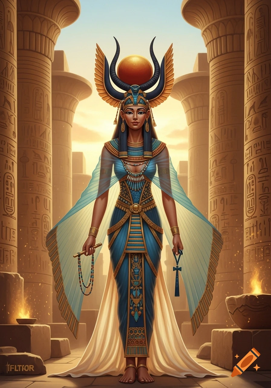 Full-body portrait of the Egyptian goddess Hathor in a blue and gold ornate dress and headdress, standing among temple columns at sunset.