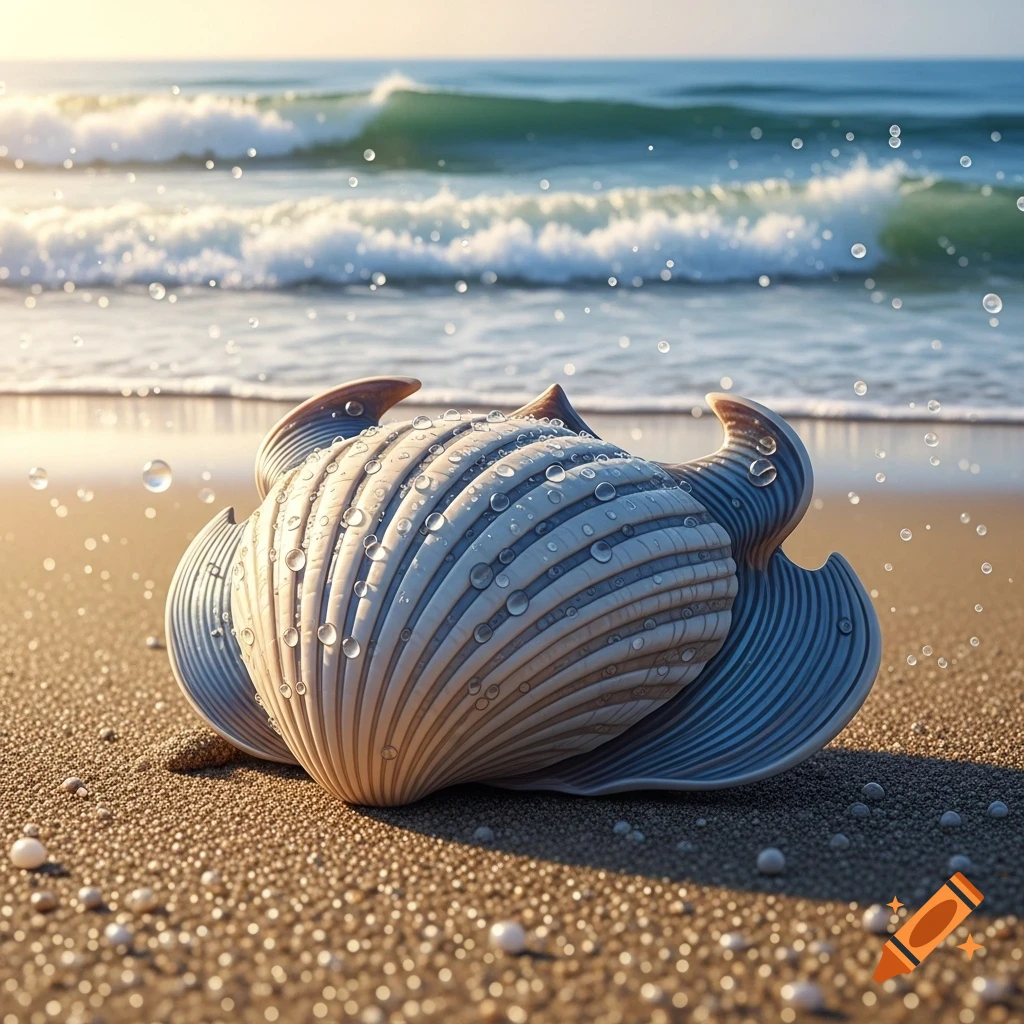A close-up, photorealistic view of a ribbed seashell covered in water droplets on a sandy beach, with waves in the background.