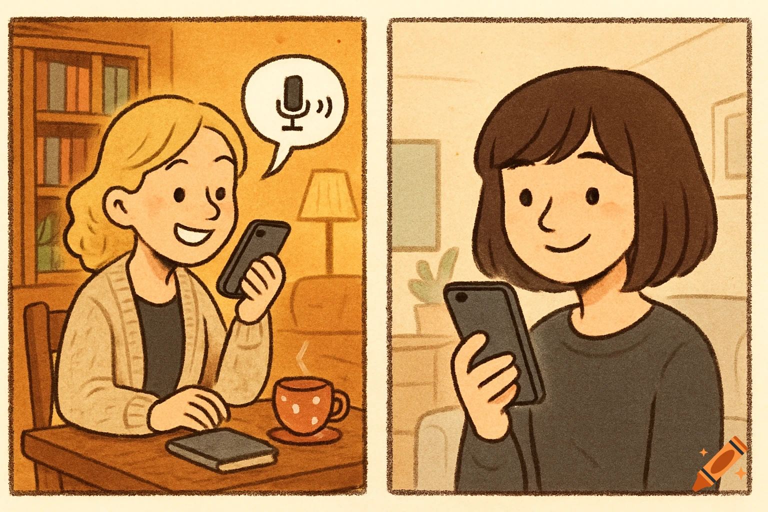 Two cartoon women in split panels, each smiling while holding a smartphone and recording a voice message.